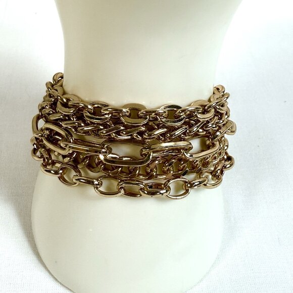Vintage Gold Tone Multi Strand Chain Bracelet  Statement Chunky Layered Links 7" - Picture 1 of 7